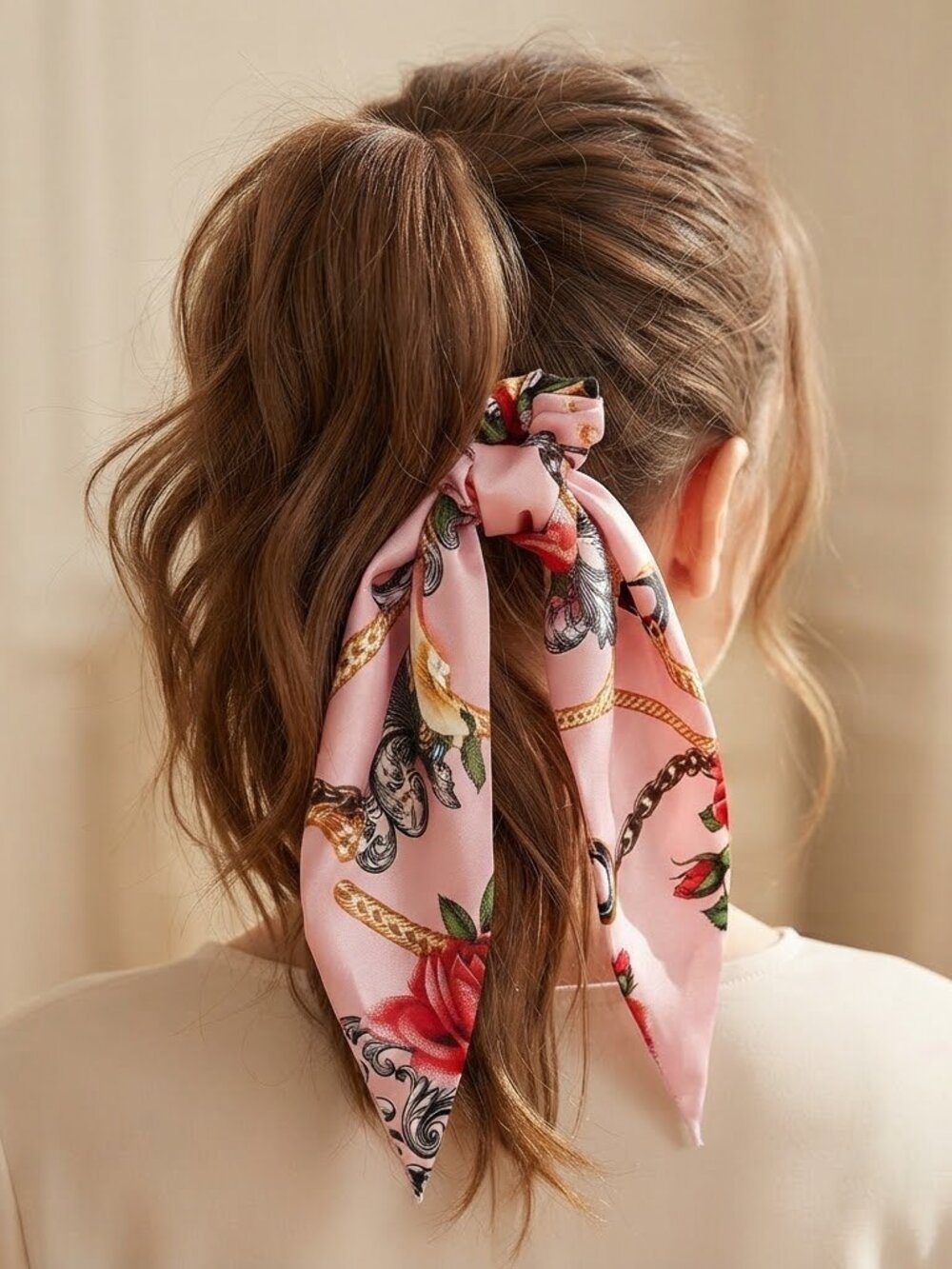 Chic Pink Floral Scarf with Chain Design‎